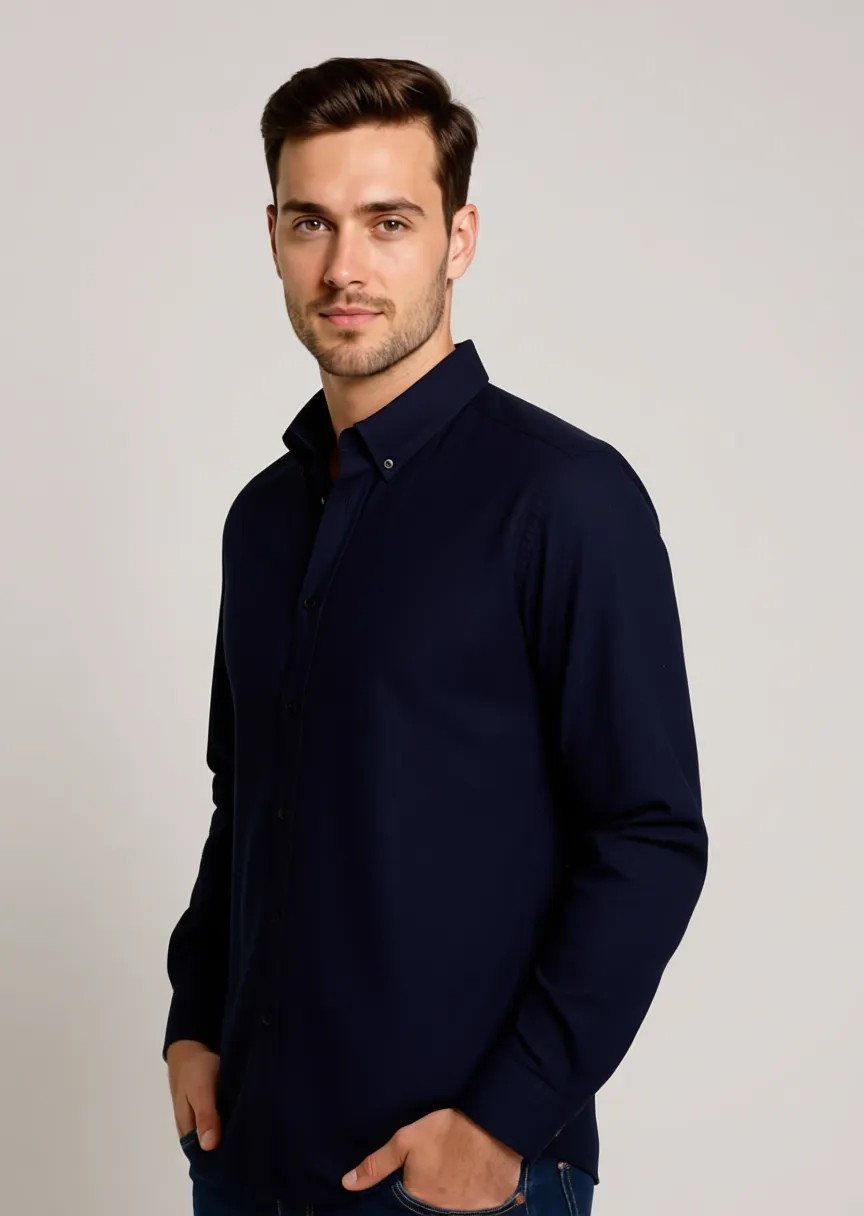 D'S Damat Slim Fit Lacivert Düğmeli Yaka %100 Pamuk Yazlık Flamlı Keten Görünümlü Gömlek 6HC02ORT63265 görsel 7
