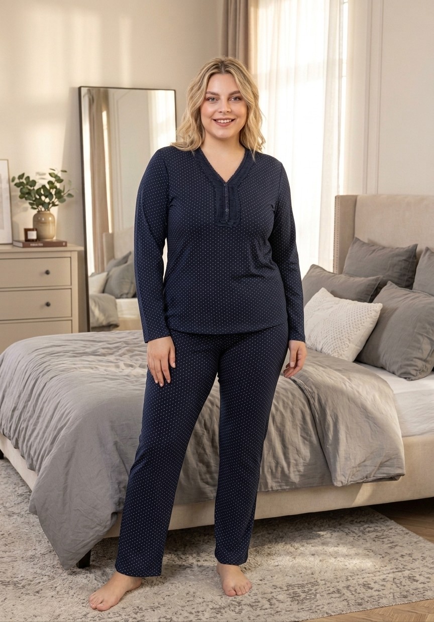 Temporium Kadın Büyük Beden Desenli Yakası Düğmeli Uzun Kollu Bambu Pijama Takımı