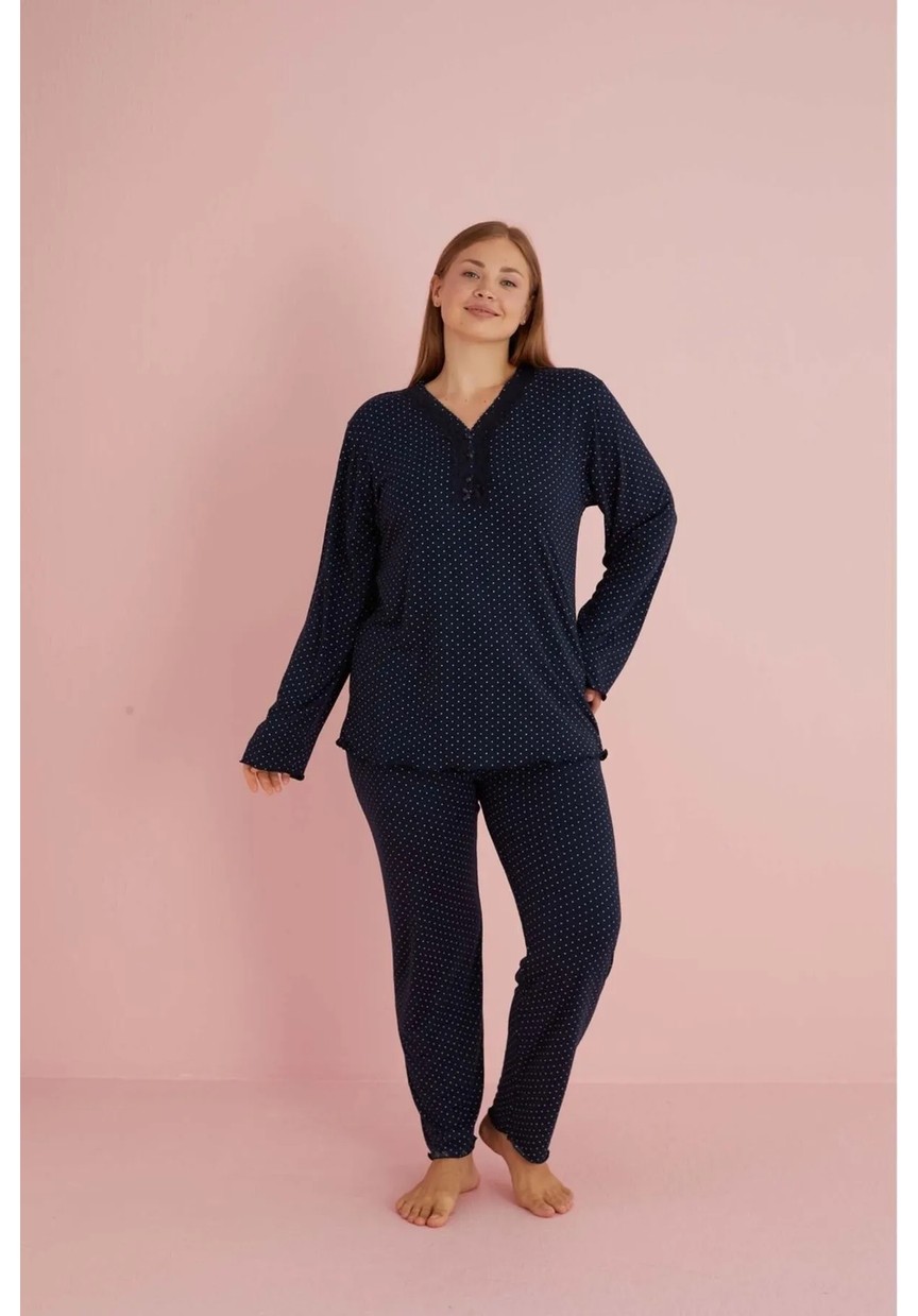 Temporium Kadın Büyük Beden Desenli Yakası Düğmeli Uzun Kollu Bambu Pijama Takımı görsel 3