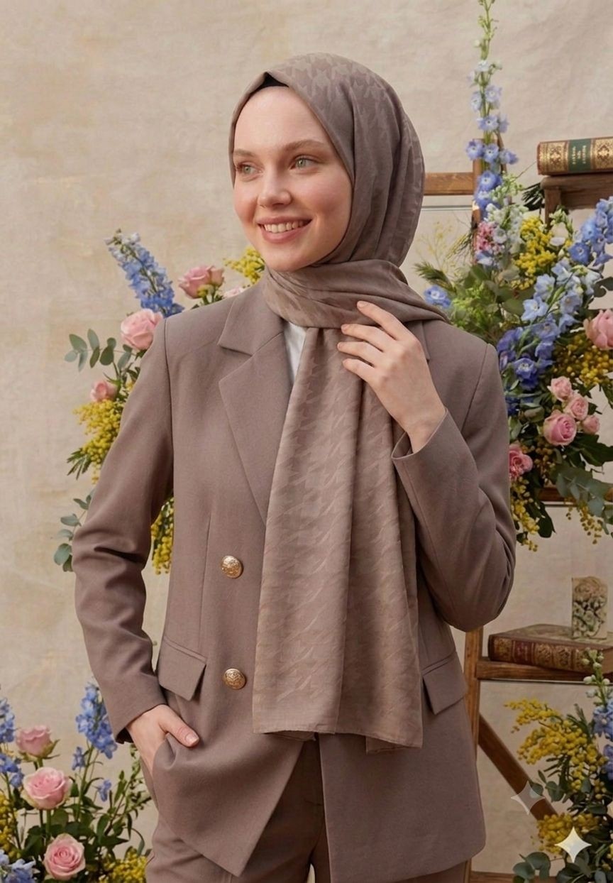 Revam Collection Kazayağı Desen Ipeksi Jakar Şal Vizon Renk görsel 3