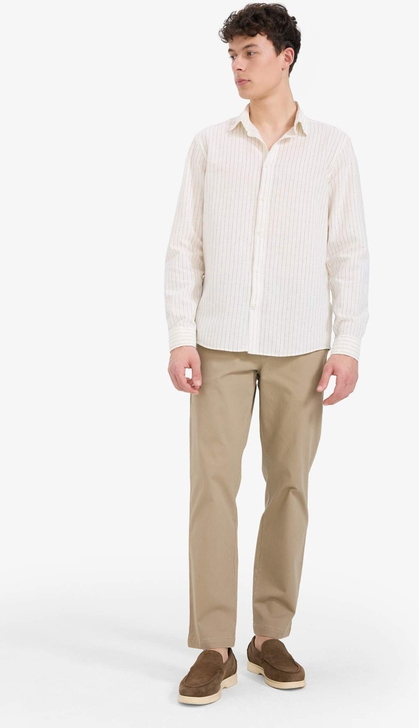 DeFacto Regular Fit Polo Yaka Çizgili Keten Yazlık Uzun Kollu Gömlek E1730AX25SP görsel 2