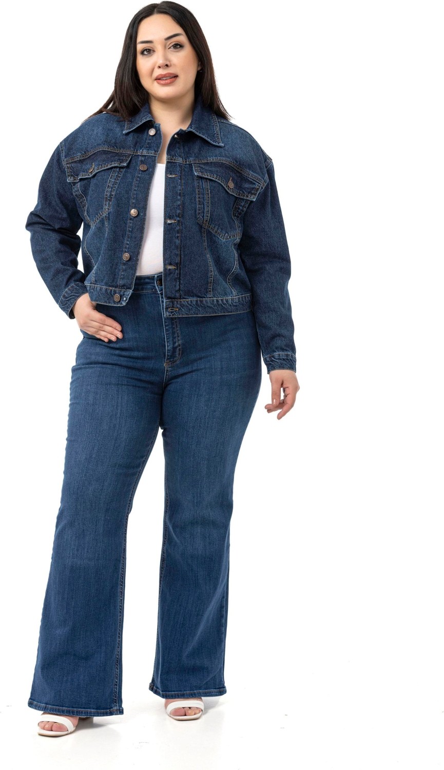 Disentis Modest Büyük Beden Göğüsten Çift Cepli Kısa Mavi Denim Ceket