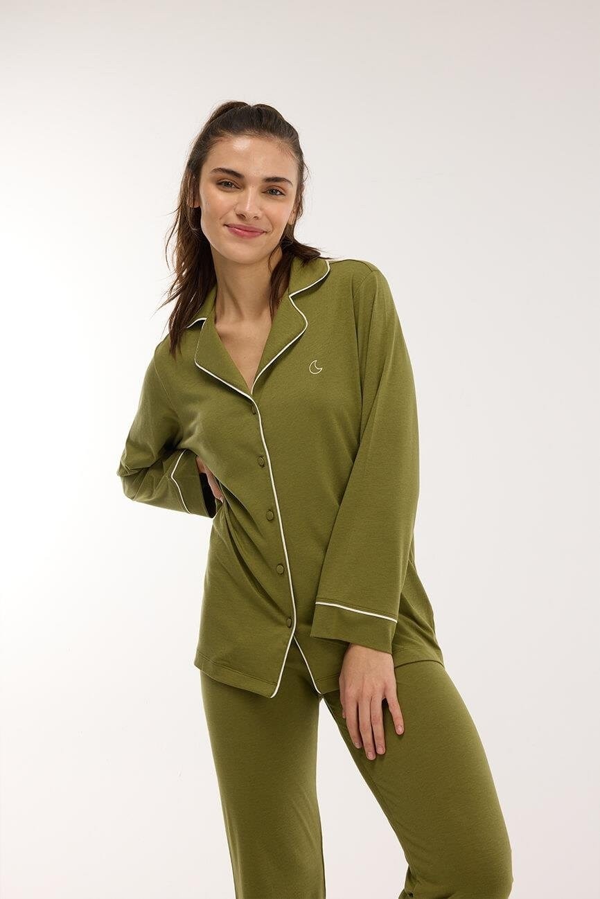 Jaya Modal Biyeli Uzun Kollu Pijama Takımı / Haki Yeşili
