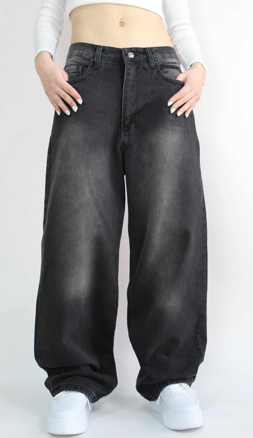 St.Poll St. Poll Siyah Eskitme Yıkama Unisex Baggy jeans Pantolon