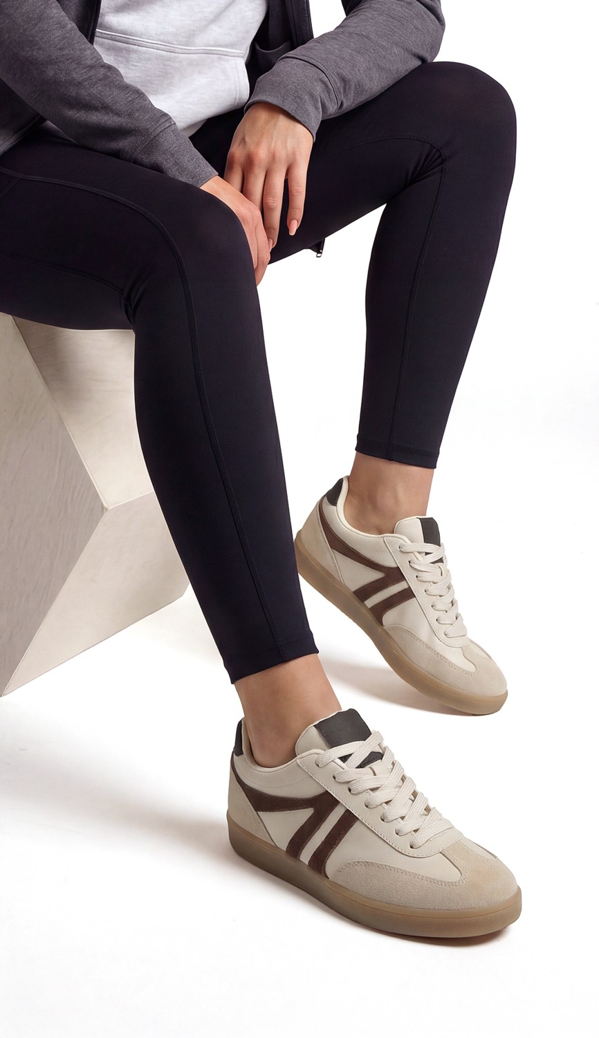 Marjin Kadın Sneaker Bağcıklı Düz Taban Retro Spor Ayakkabı Bej Termo Tabanlı görsel 4