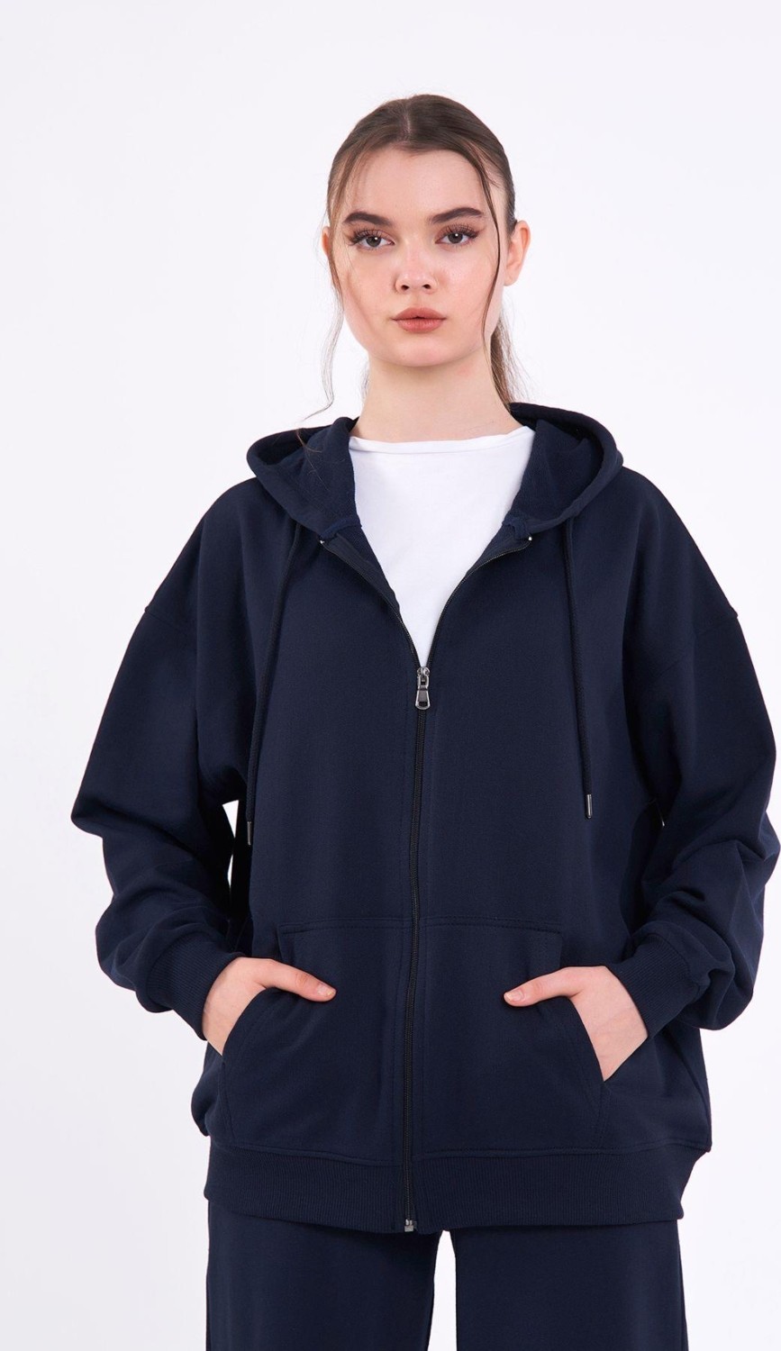 Mmetalic Siyah Kanguru Cepli Kapüşonlu Fermuarlı Oversize Kadın Sweatshirt