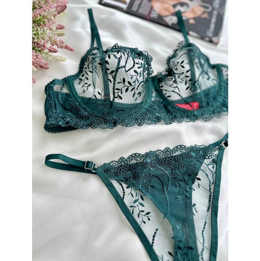 Merlif Lingerie Kırmızı Dantelli Brode Iç Çamaşır Takımı Bralette (Balenli Sütyen &tanga) Yılbaşı, Sevgililer Günü görsel 5