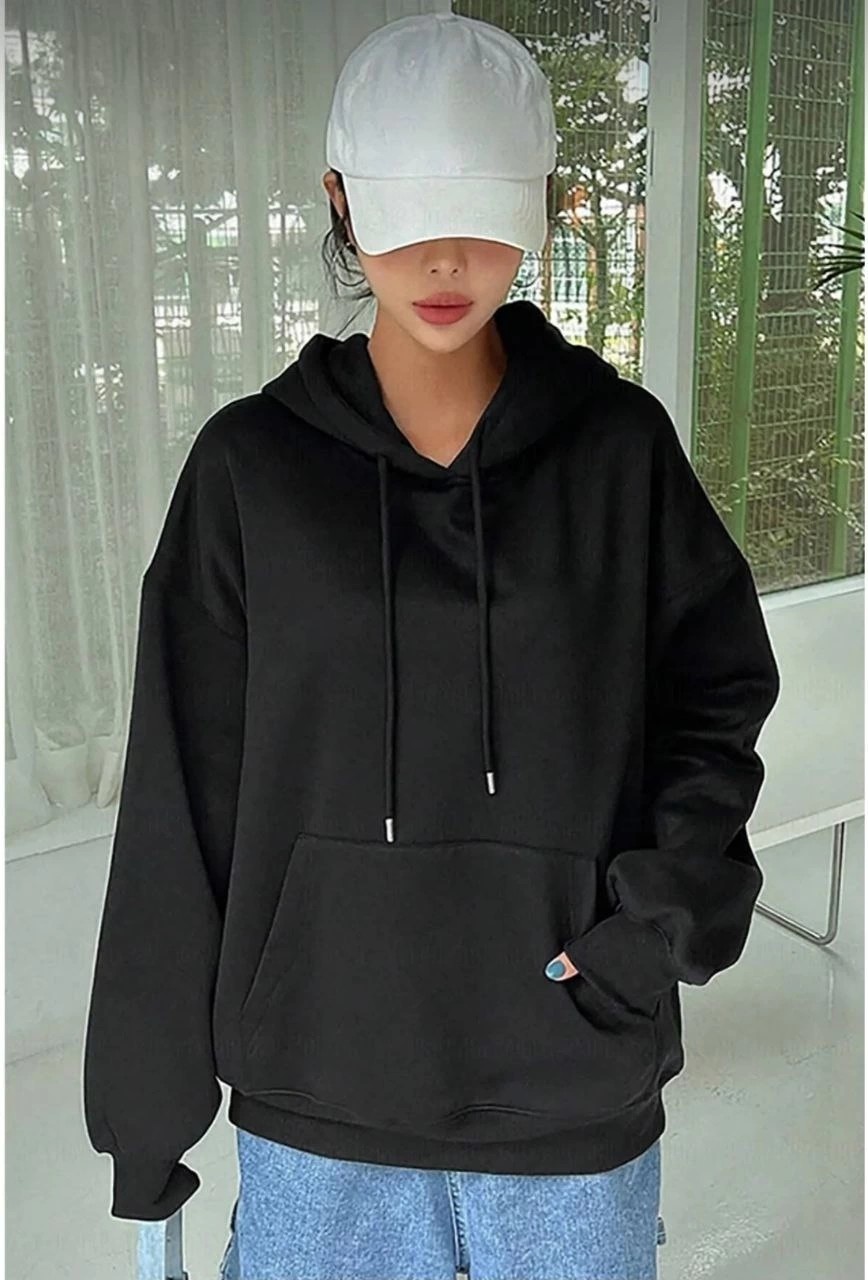 Tarz Yeri Kadın Kapüşonlu Kanguru Cepli 3 Iplik Pamuklu Oversize Hoodie Sweatshirt - Siyah