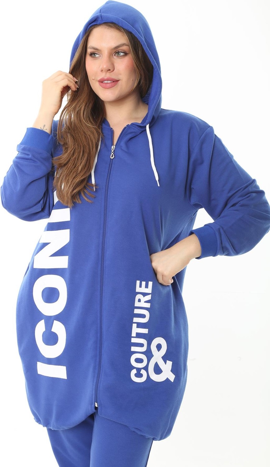 Şans Kadın Büyük Beden Gri Baskı ve Fermuar Detaylı Kapşonlu Sweatshirt Pantolon Takım 65N37128 görsel 5