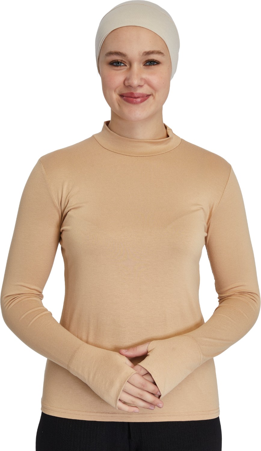 Manolyaşal İslamic Hijab Hafif Balıkçı Yakalı Parmak Geçmeli Likralı Organik Kadın Body - Açık Çikolata - L-XL