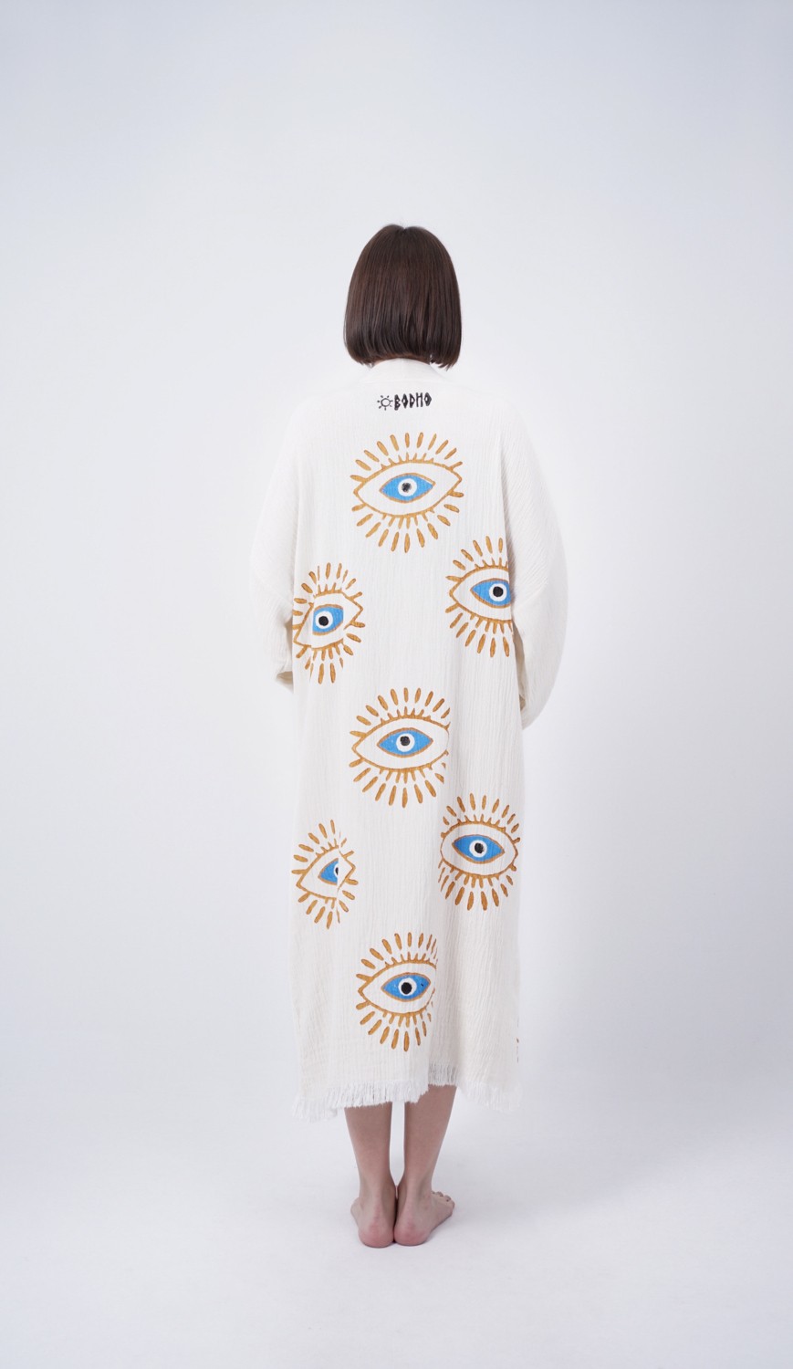 Bodho El Yapımı Göz Baskılı Nazar Kaftan Kimono görsel 2