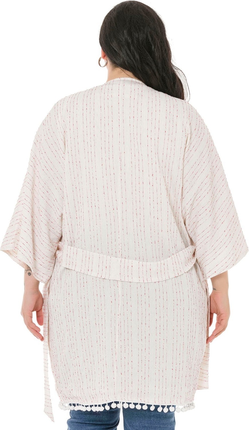 Disentis Modest Büyük Beden Yarasa Kollu Eteği Ponponlu Kuşaklı Cepli Astarlı Beyaz Üzerine Kırmızı Çizgili Kimono görsel 3