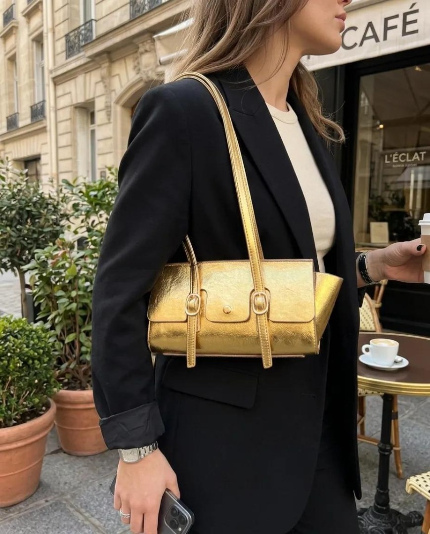 Aksiyon Global Parlak Gold Mini Omuz Çantası Yumuşak Deri Görünümlü Fermuarlı Kadın El ve Kol Çantası - Lisinya