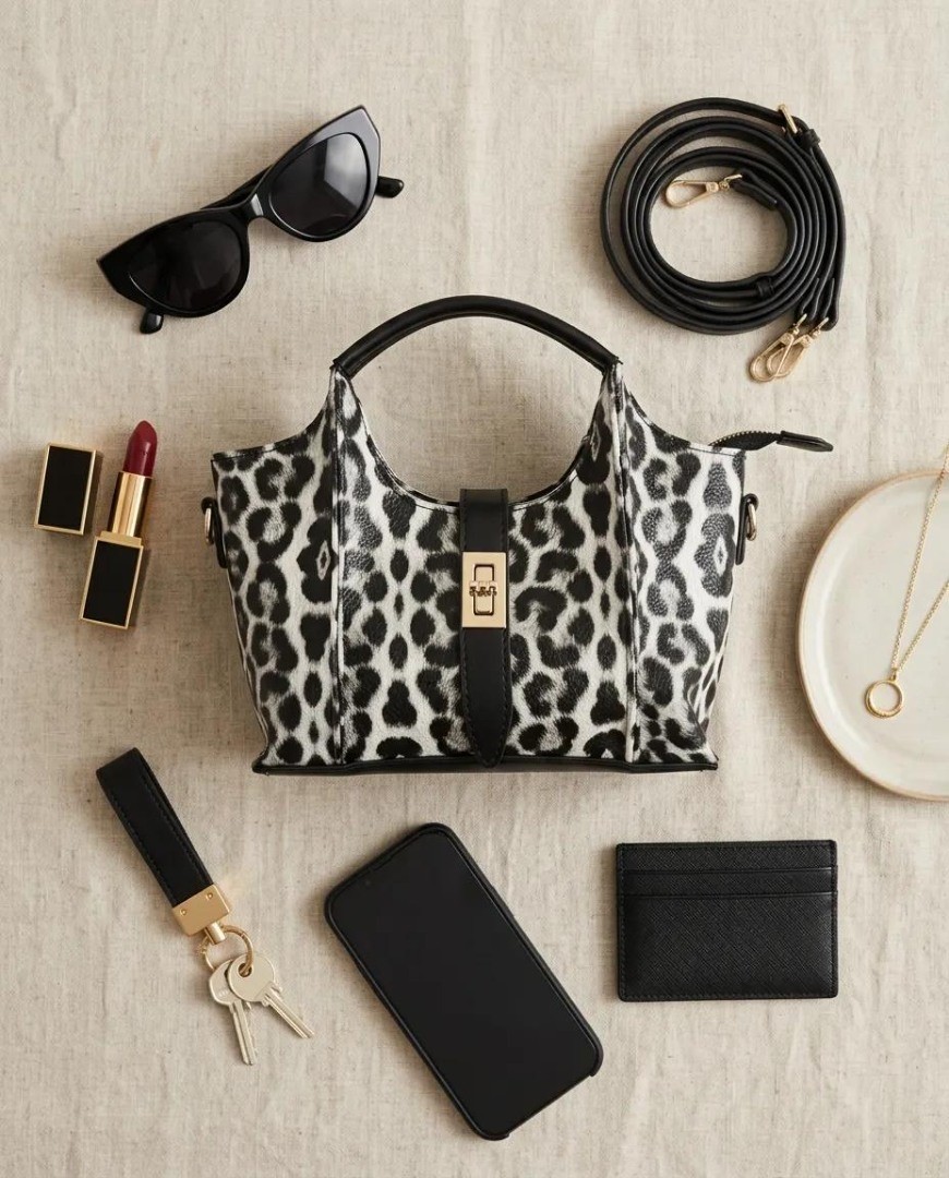 Ematcrt Leopar Desenli Kilit Detaylı Fermuarlı El ve Çapraz Askılı Kadın Çanta - Lisinya görsel 3