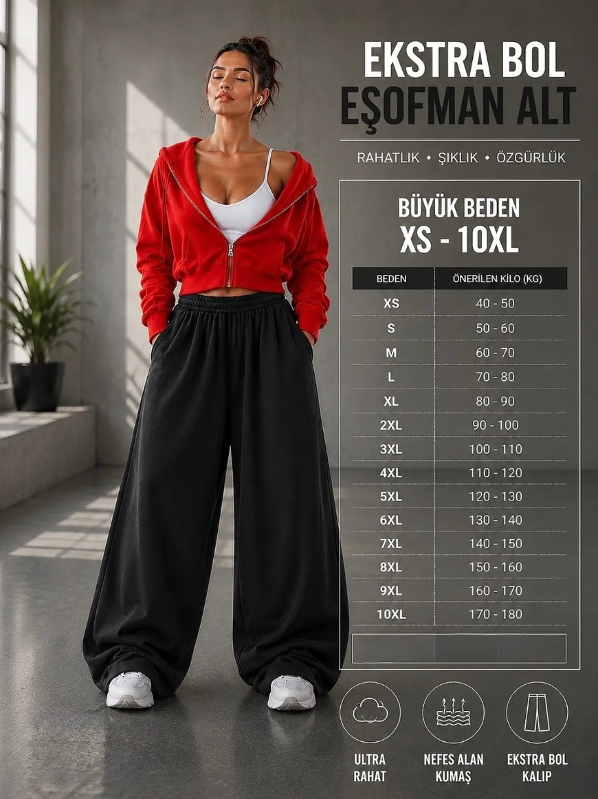 BSBSPOR Büyük Beden Ayarlanabilir Lastikli Paça Baggy Kalıp Bol Günlük Eşofman Altı