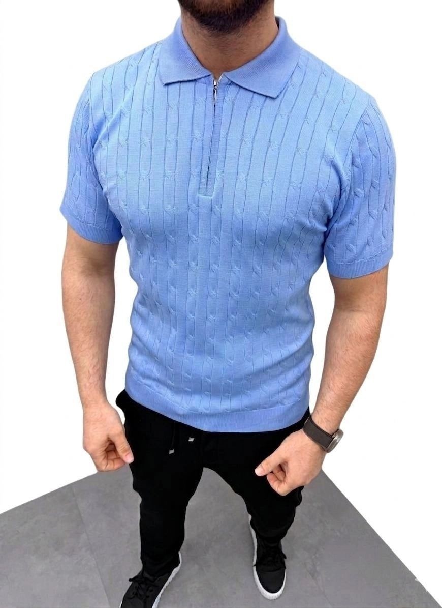 Fantastik Store Erkek Yazlık Triko Saç Örgü Tişört Kısa Kol Polo Yaka Fermuarlı T-Shirt - Bebe Mavisi görsel 3