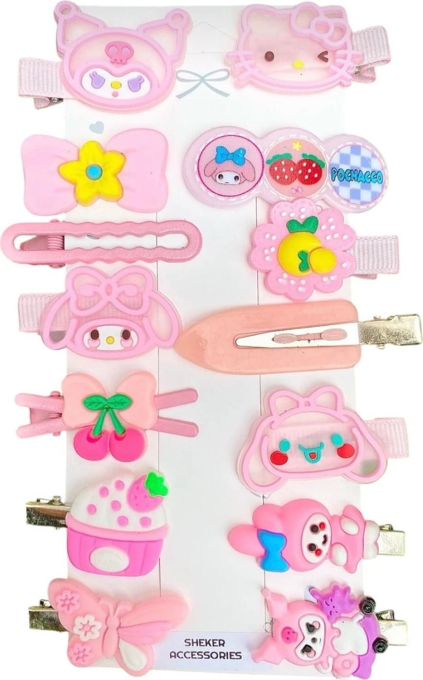 Sheker Home Kız Çocuk & Bebek Kuromi Pembe Pens/çıtçıt Toka Seti 14 Adet, Karışık Saç Aksesuarı