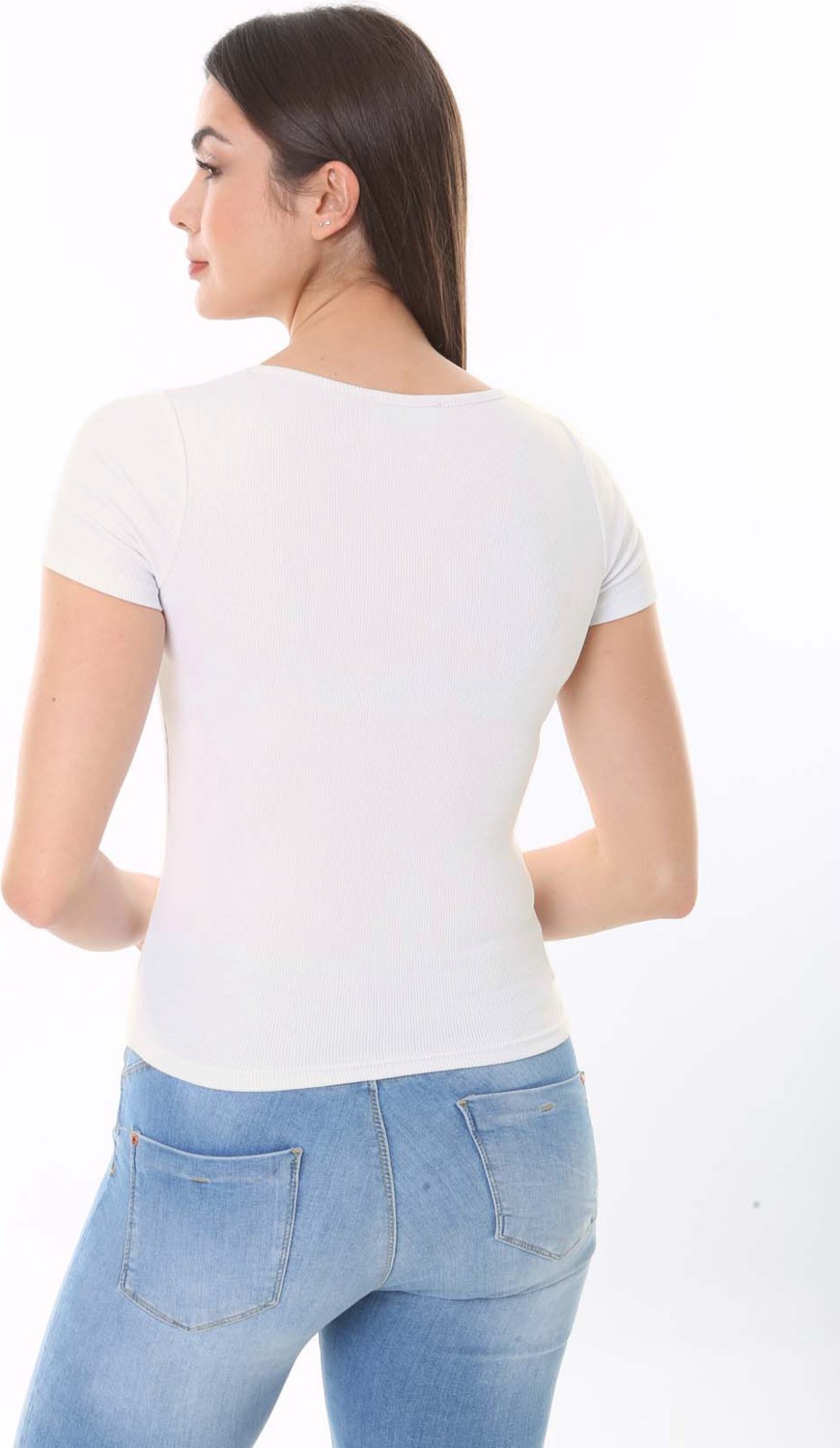 CHEISU Kadın Beyaz Kısa Kol Kare Yaka T-Shirt Bluz Fitilli Kaşkorse görsel 3