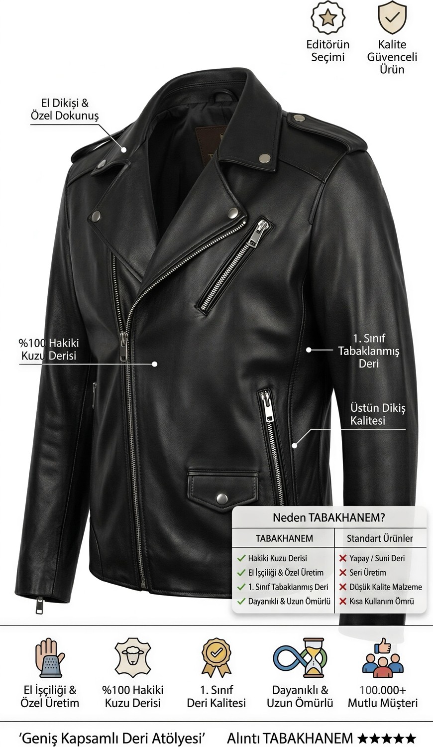 Tabakhanem Hugo %100 Hakiki Kuzu Derisi Erkek Slim Fit Biker Ceket görsel 5