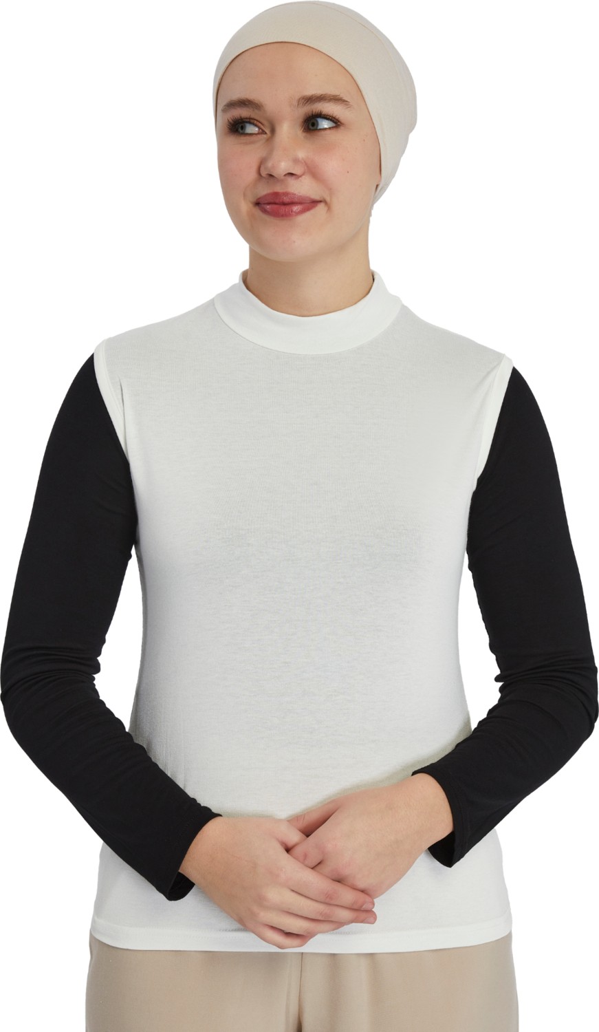 Manolyaşal İslamic Hijab Manolyaşal Kolsuz Balıkçı Yakalı Organik Kadın Body - Siyah - L-XL