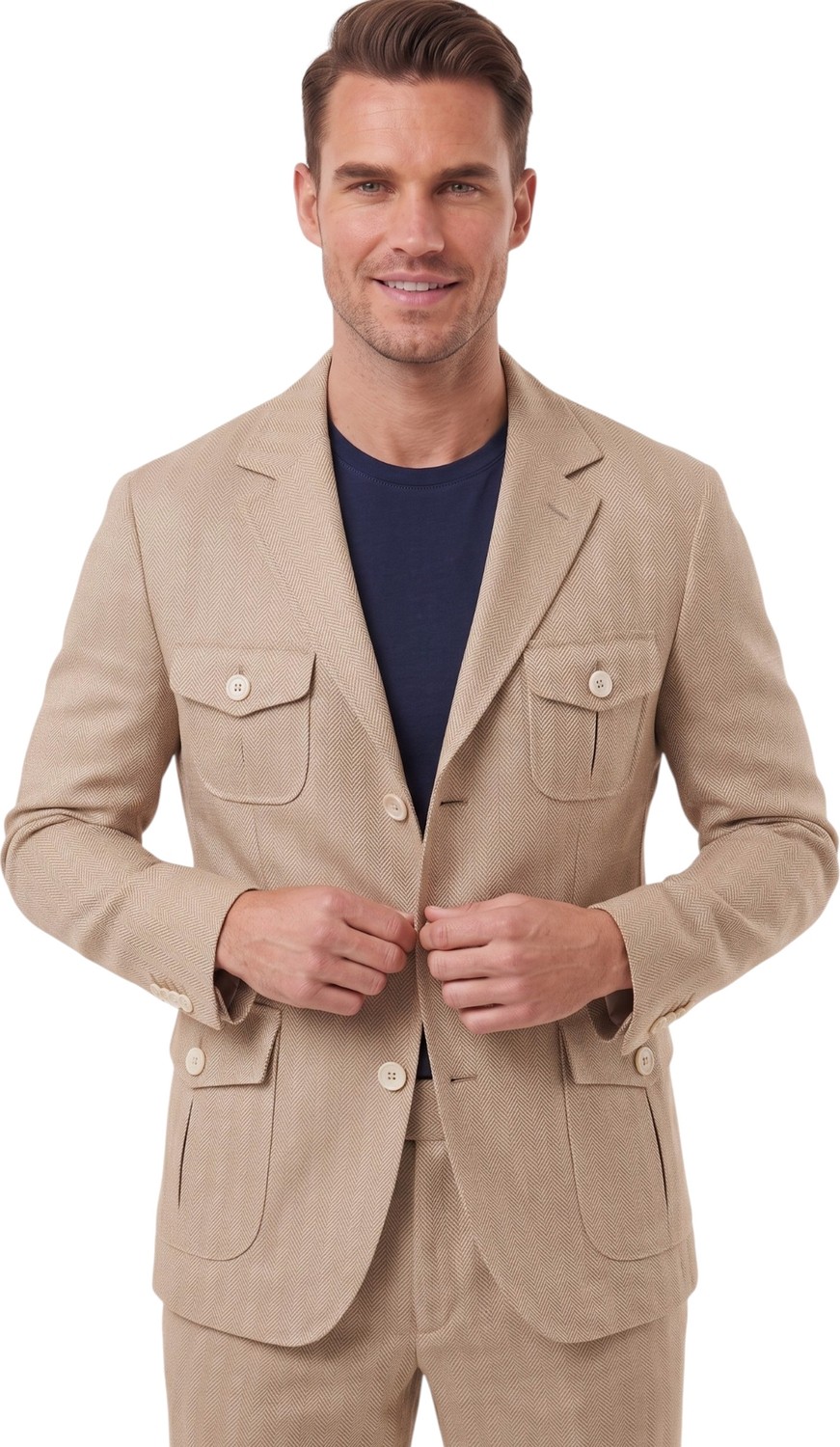 Deepsea Erkek Bej Safari Ceketli Slim Fit 2'li Takım Elbise, Pileli Duble Paça Pantolon 2600723 görsel 6
