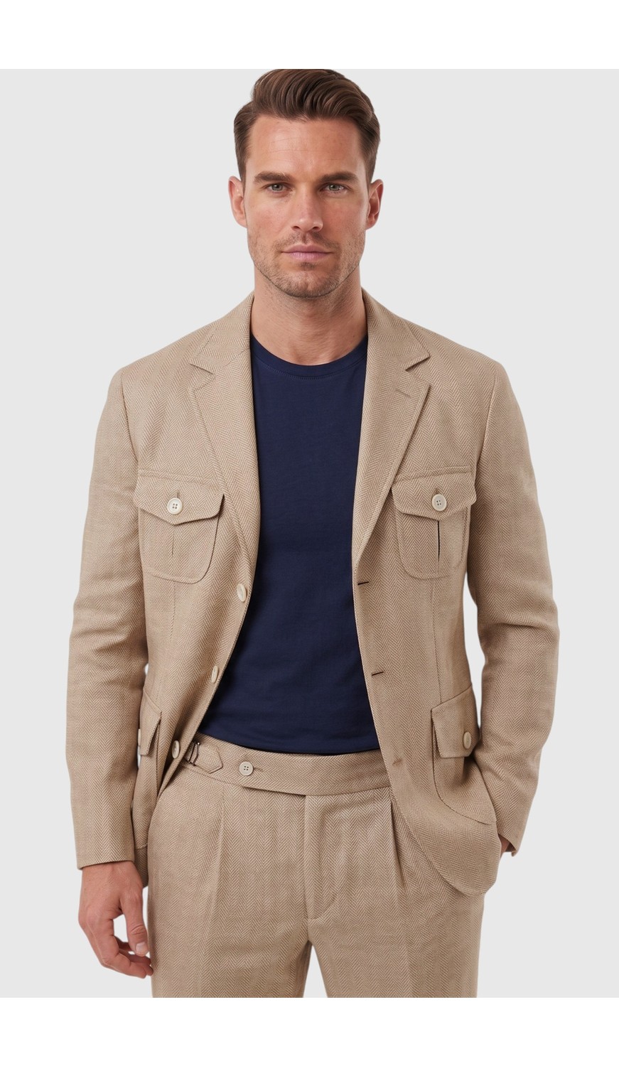 Deepsea Erkek Bej Safari Ceketli Slim Fit 2'li Takım Elbise, Pileli Duble Paça Pantolon 2600723 görsel 7