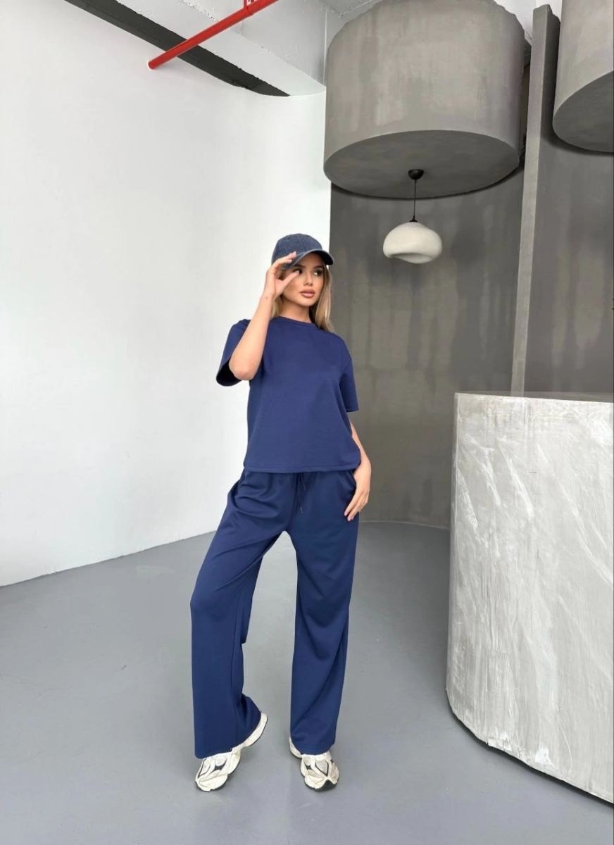 Fantastik Store Kadın Osy Modal Yumuşak Dokulu Kumaş Kısa Kollu Bluz Rahat Pantolon Ikili Takım- Lacivert
