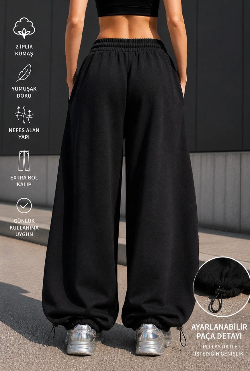 BSBSPOR Ultra Bol Baggy Ayarlanabilir Lastikli Paça Unisex Ekstra Rahat Kalıp Günlük Esofman Altı görsel 4