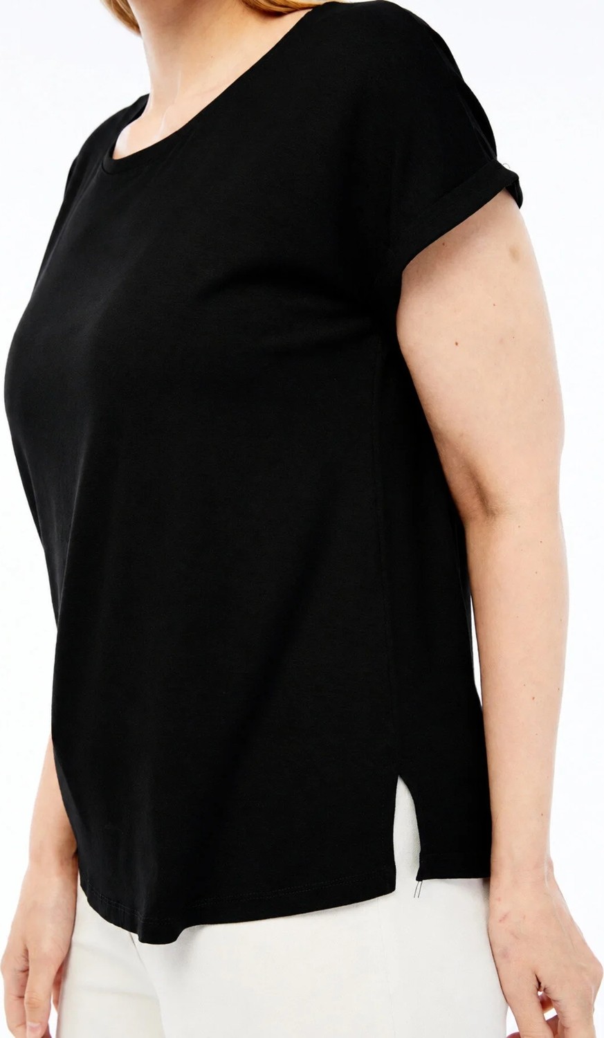 Curvy Trend Büyük Beden Yuvarlak Yaka Manşet Detaylı Kısa Kol Yan Yırtmaçlı Bluz görsel 3