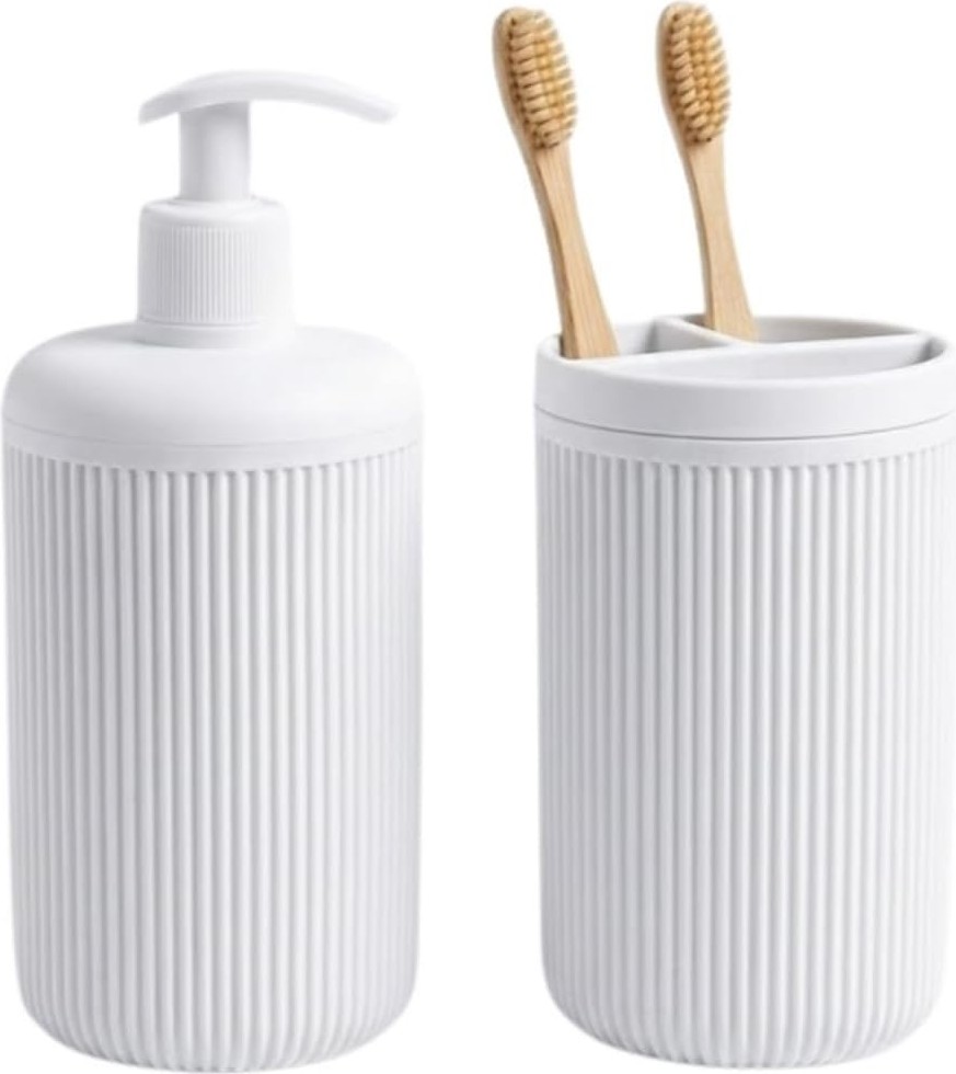 Ikili Sabunluk Seti - Modern Banyo ve Mutfak Tezgah Üstü Seti - Sıvı Sabunluk ve Losyon Şişesi - Paslanmaz Pompalı 2'li Set görsel 2