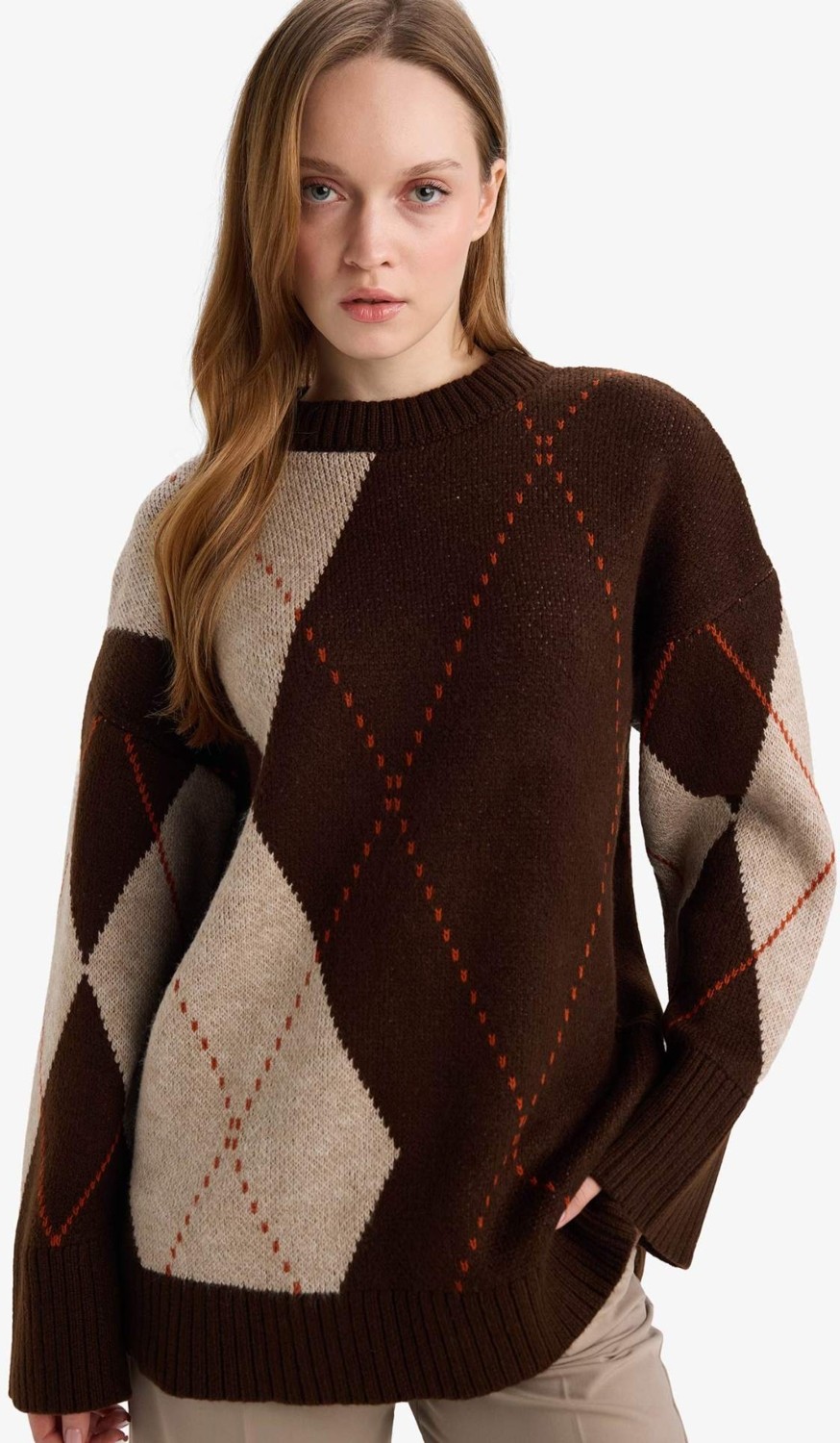 DeFacto Regular Fit Bisiklet Yaka Baklava Desenli Triko Kazak Tunik G0711AX25WN