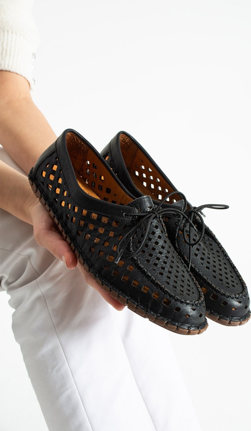 Dabab Shoes Vırena Kadın Siyah Hakiki Deri File Bağcıklı Düz Taban Yazlık Babet Loafer Ayakkabı görsel 3