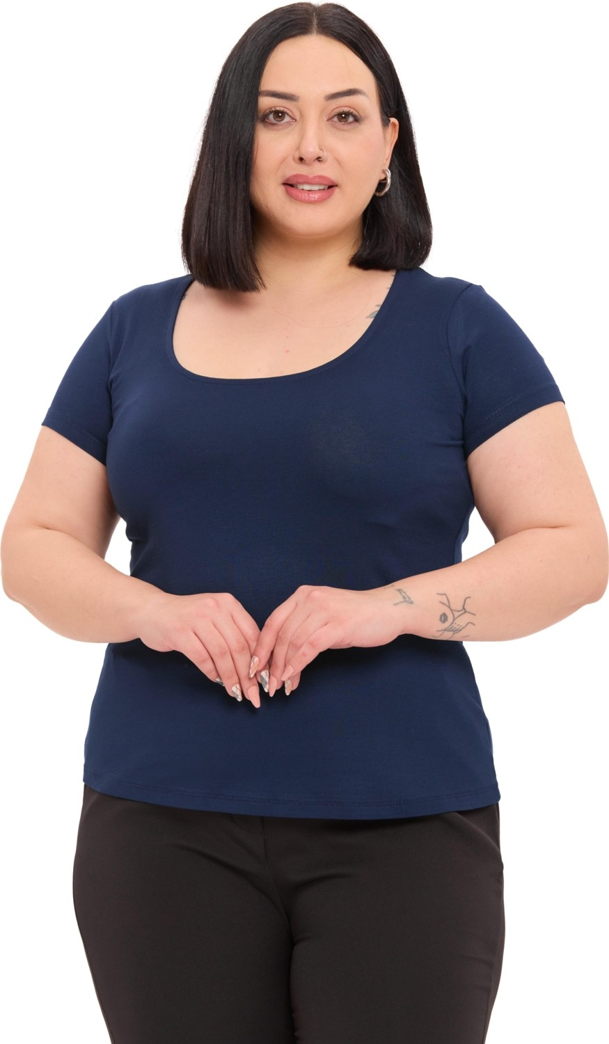 Disentis Modest Büyük Beden Kadın U Yaka Kısa Kollu Siyah Viskon Body Slim Fit Düz Desen