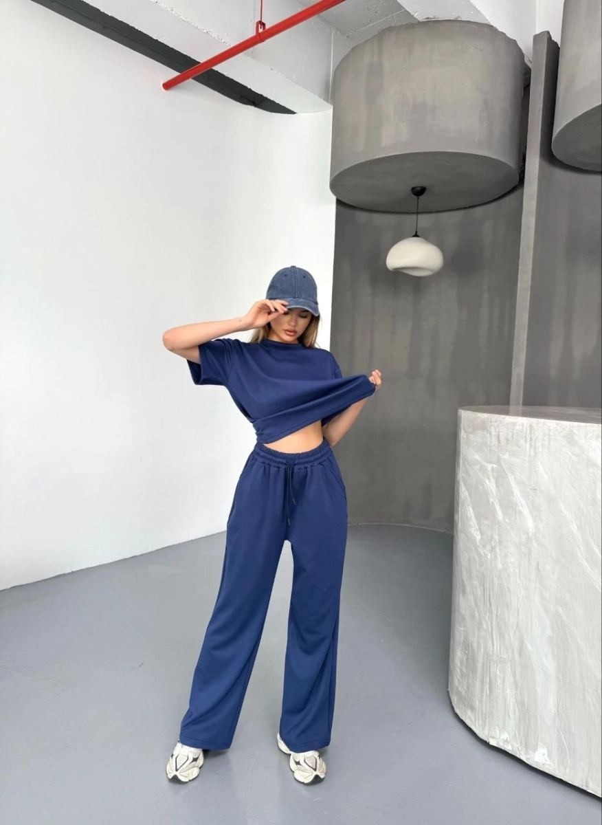 Fantastik Store Kadın Osy Modal Yumuşak Dokulu Kumaş Kısa Kollu Bluz Rahat Pantolon Ikili Takım- Lacivert görsel 3