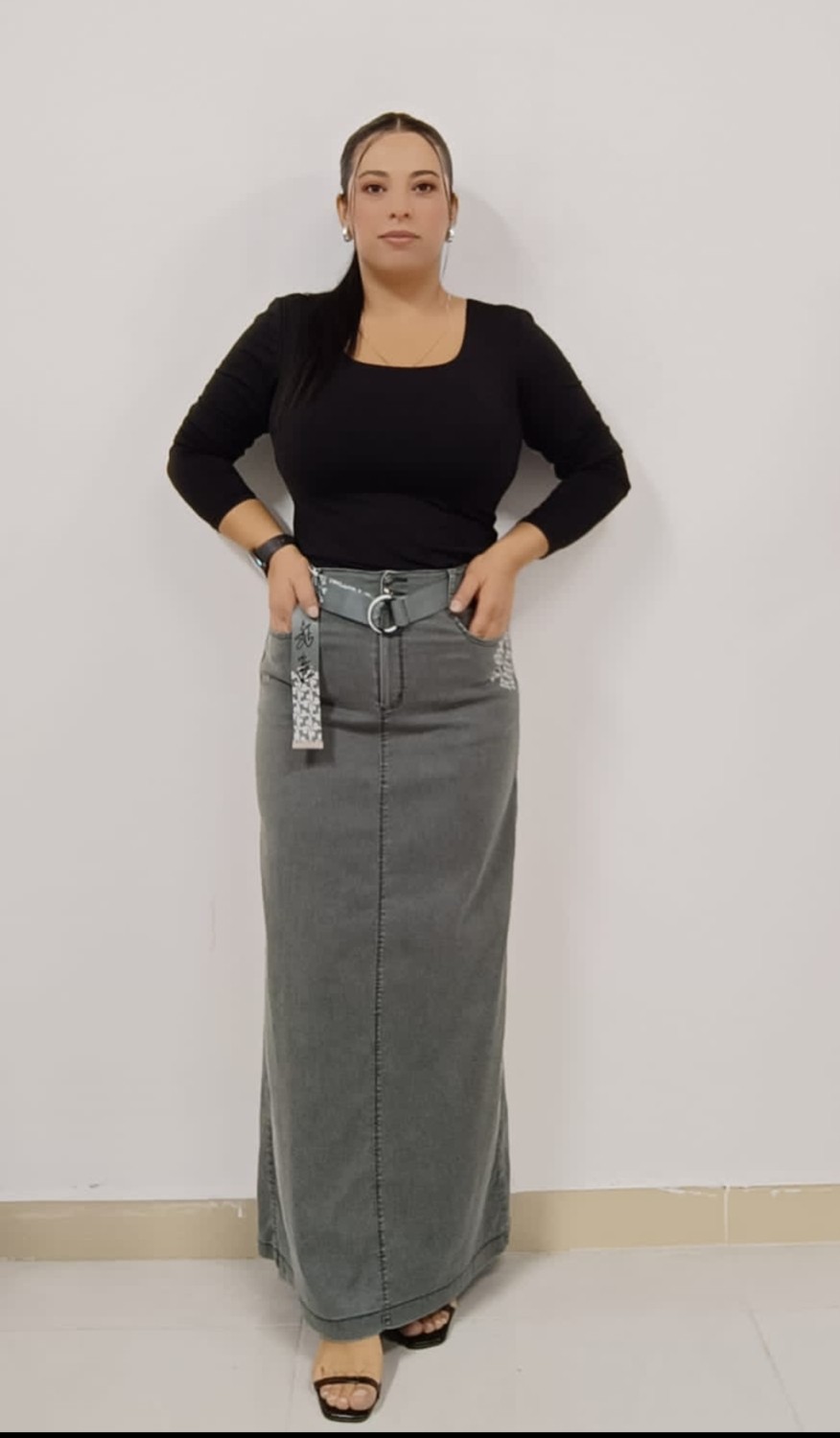 Akşen Giyim Büyük Beden Ince Denim Kumaş Full Likralı Kemerli 95 cm Bilek Boy Uzun Etek görsel 6