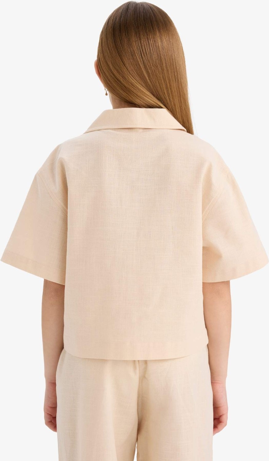 DeFacto %100 Pamuk Cropped Fit Keten Kısa Kollu Gömlek Kız Çocuk D7638A825SM görsel 6
