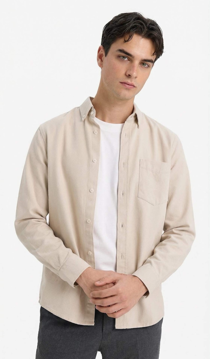 DeFacto %100 Pamuk Regular Fit Polo Yaka Gabardin Uzun Kollu Gömlek F1261AX26SP görsel 6