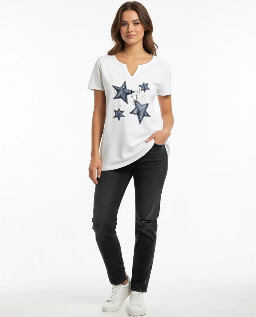 Mercoledi Kadın Kot Desenli Yıldız Baskılı Yarım V-Yaka Kollu Regular Kalıp Rahat T-Shirt görsel 5