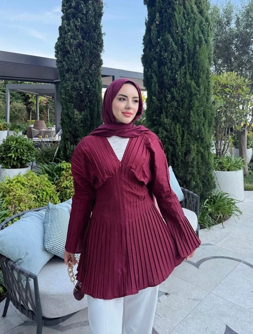 Miraydin Butik Pilise Detaylı Fermuarlı Bluz - Bordo