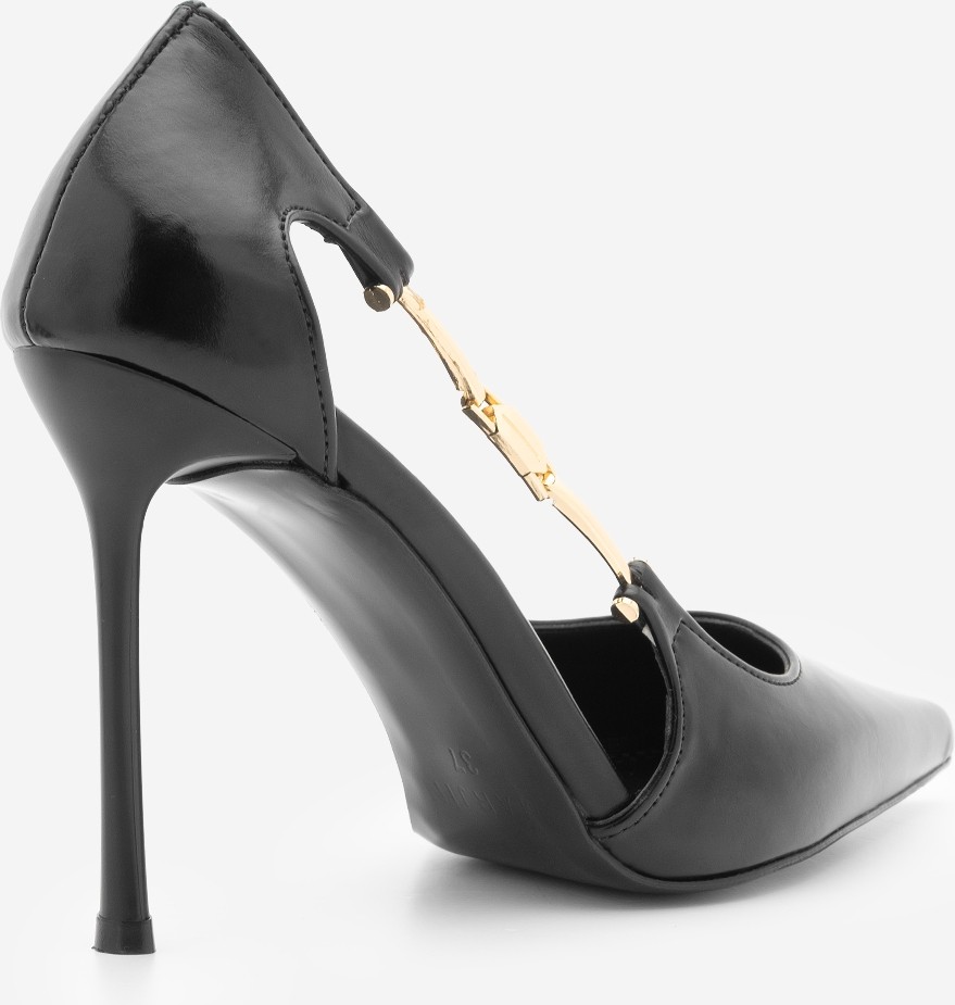 Marjin Kadın Stiletto Sivri Burun Yandan Metal Altın Tokalı Ince Klasik Topuklu Ayakkabı Likose Siyah görsel 5