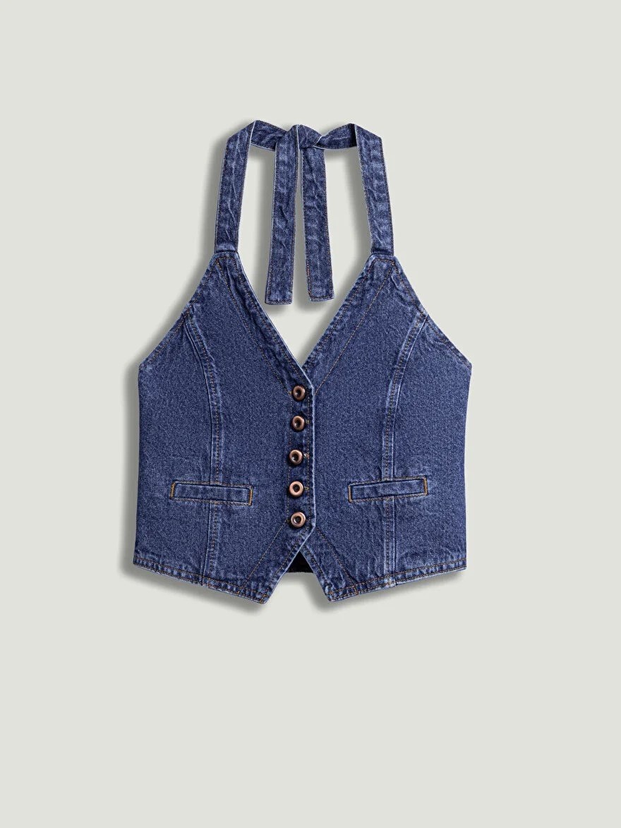 Nocturne Boyundan Bağlamalı Denim Yelek 7086 görsel 5
