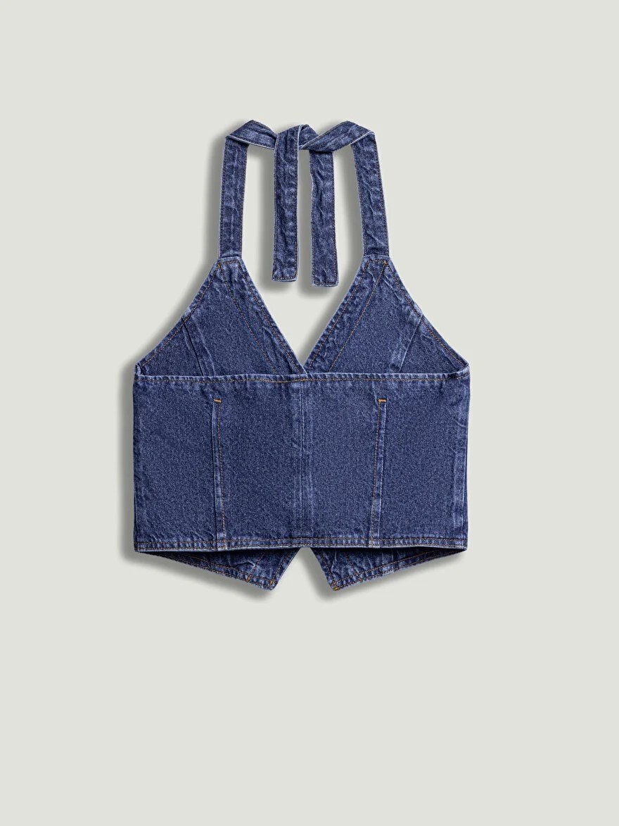 Nocturne Boyundan Bağlamalı Denim Yelek 7086 görsel 6