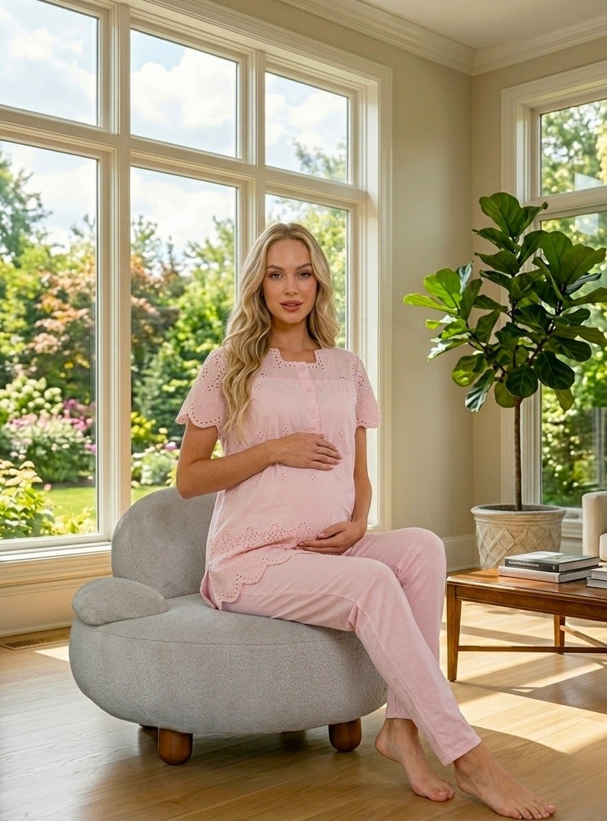 raia Yeni Sezon Pudra Yazlık Fisto Keten Detaylı Tasarım Kısa Kol %100 Pamuk Hamile Lohusa Sabahlık Pijama Takımı 3'lü Set görsel 2