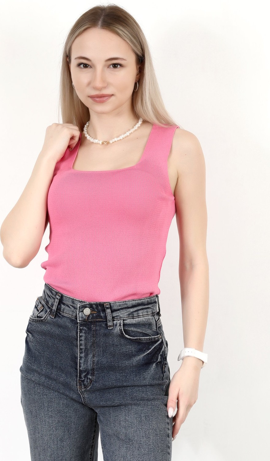 Giysa Kadın Kare Yaka Kalın Askılı Basic Triko Bluz Pembe - 2000