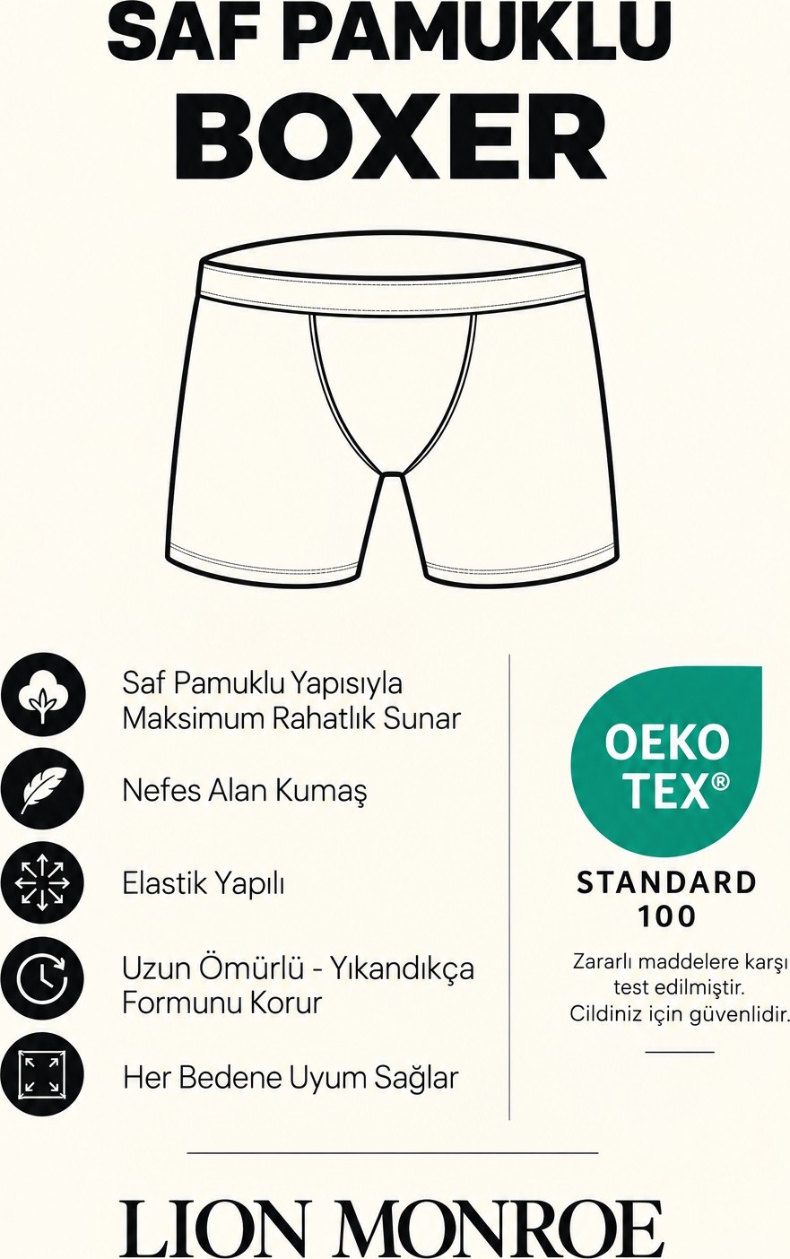 Lion Monroe Erkek Premium Saf Pamuklu Siyah 5'li Esnek Boxer Paketi Hediye Kutulu - QUİTE BLACK görsel 2