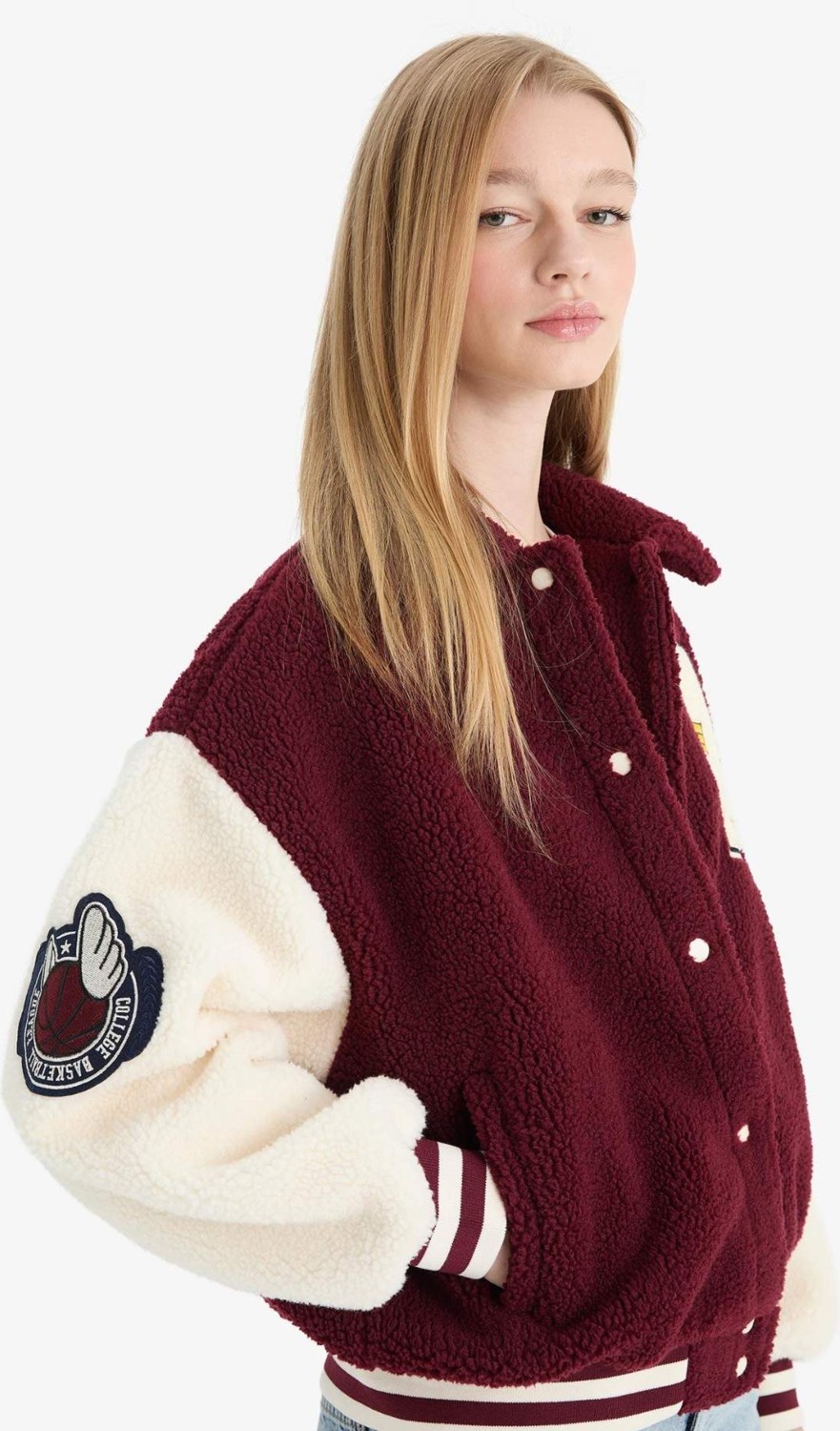 DeFacto Oversize Geniş Kalıp Polo Yaka Pelüş Bomber Ceket E9838AX25WN görsel 5