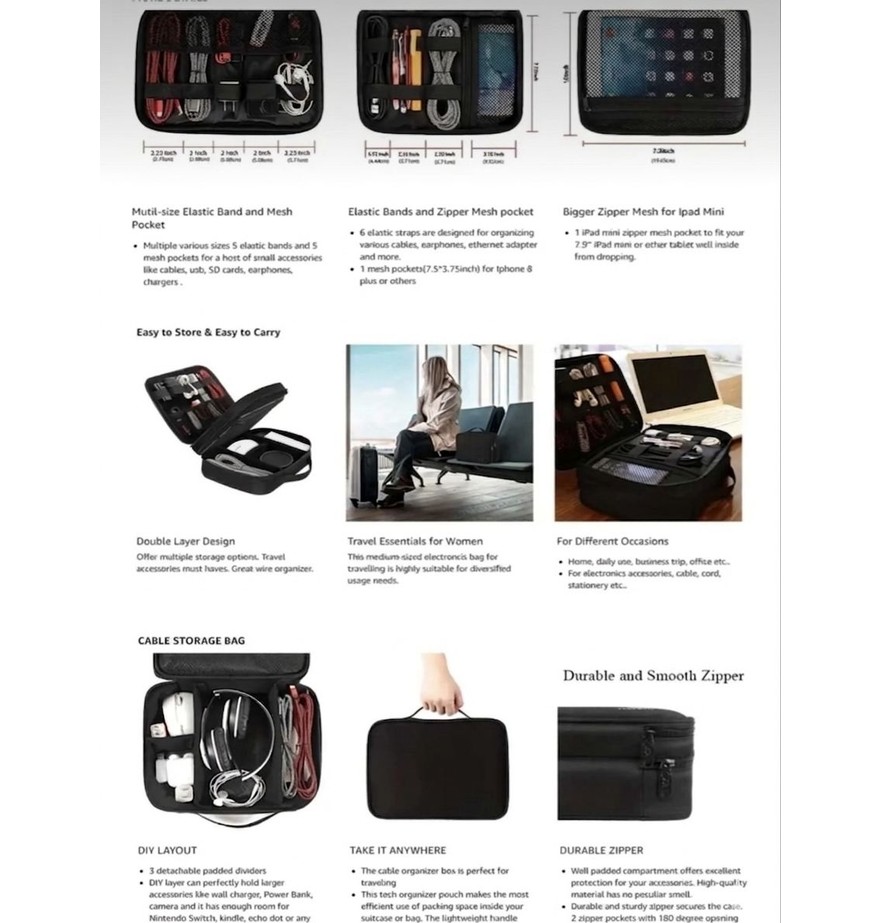 ZYC Büyük Boy Premium Çok Katlı Elektronik Cihaz ve Kablo Düzenleyi Taşınabilir Seyahat Çantası Ebat 31X26X10 cm görsel 4
