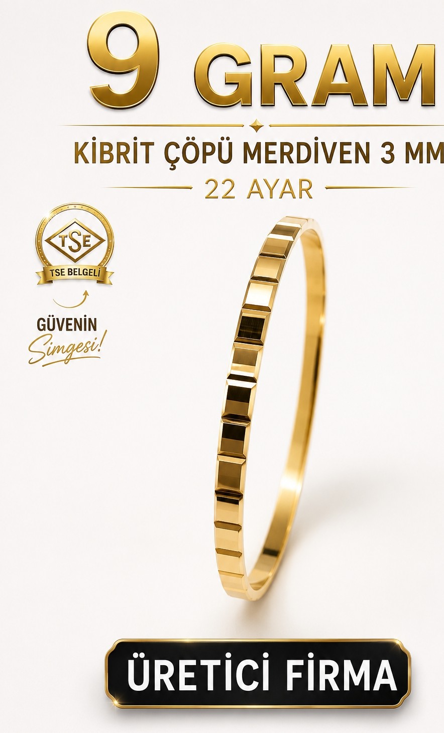 Aks Gold 22 Ayar Tse Belgeli (9 Gram) Kibrit Çöpü Merdiven 3 mm Ajda Altın Işçiliksiz Bilezik Gold