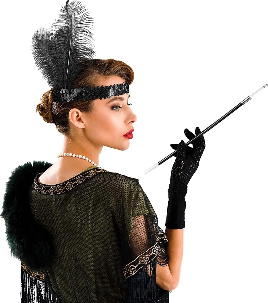 Die Grup 1920'LER Gatsby Aksesuar Seti, Siyah Charleston Saç Bandı & Sigaralık