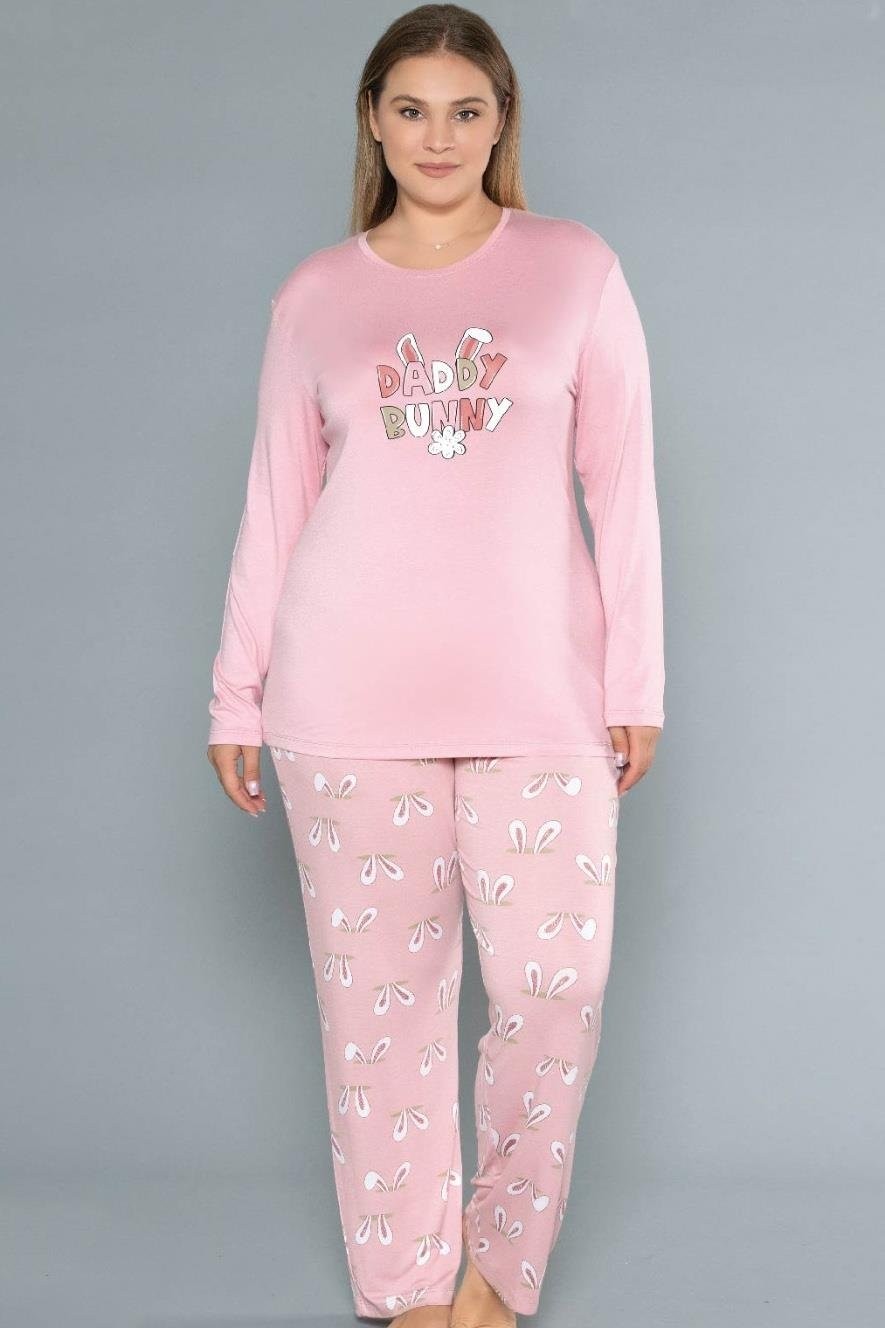Dowry Büyük Beden Uzun Kol Kadın Pijama Takımı Viskon Yumuşak Rahat (2XL-5XL) B09-154 görsel 3